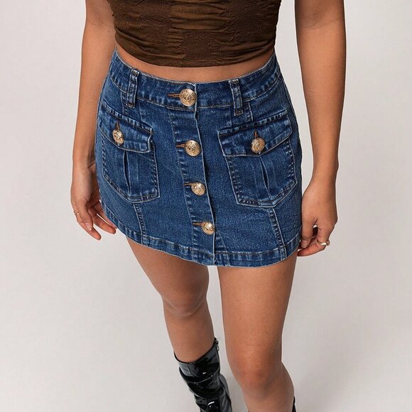 Blue Casual Women's Front & Middle Zipper Washed Denim Skirt - Picture 7 of 7